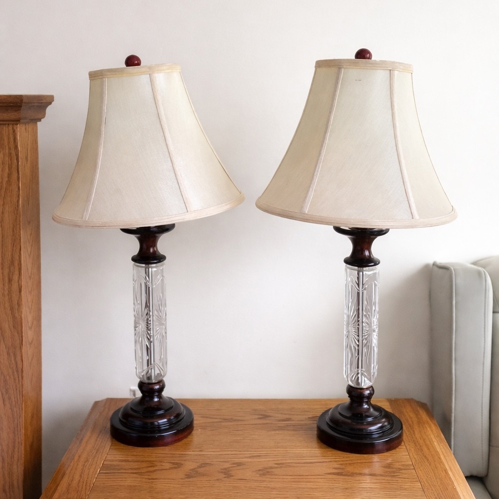 Pair of Traditional Crystal & Wood Table Lamps